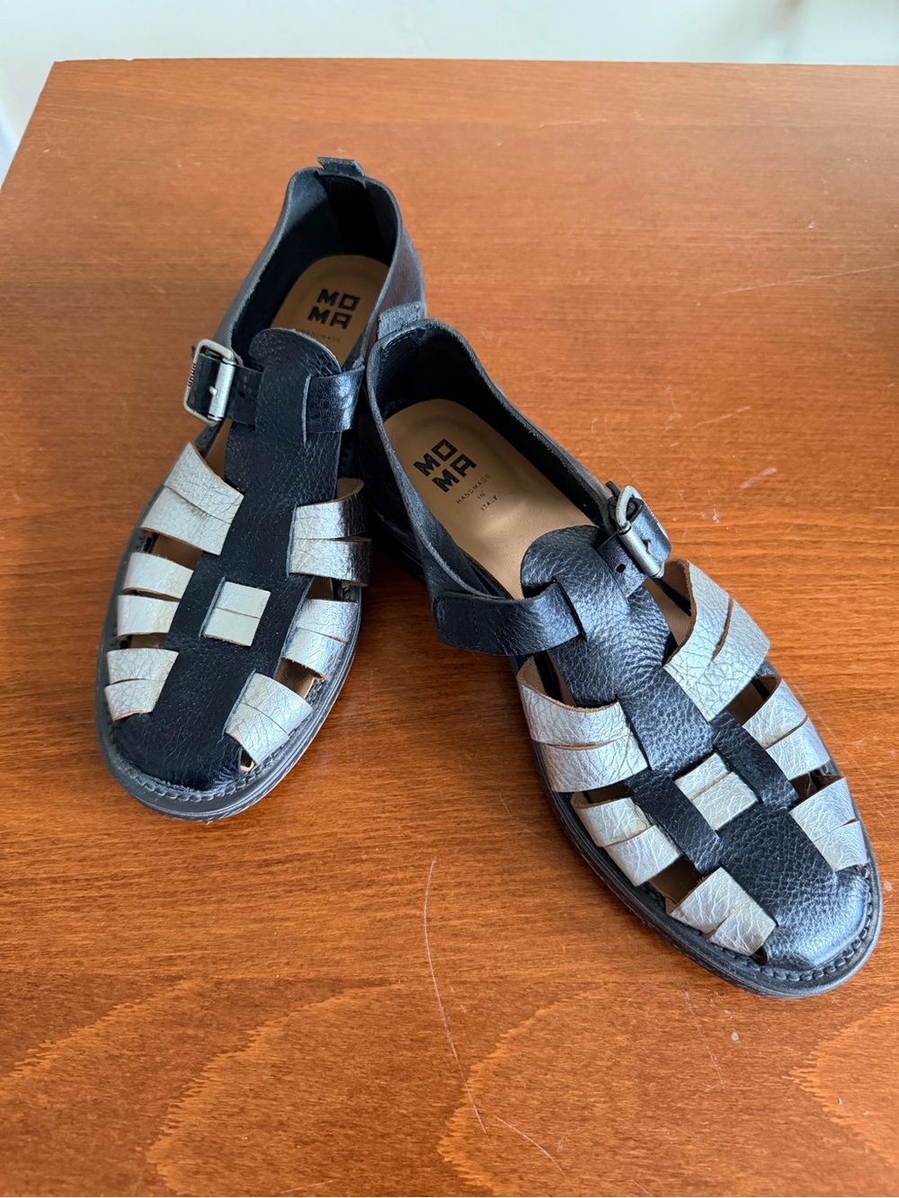 Moma Two-Tone Braided Leather Fisherman Sandals - Black & Silver